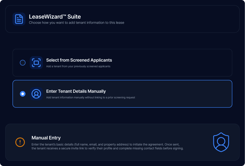 The LeaseWizard™ Suite: choose whether to select a screened applicant or enter tenant details manually