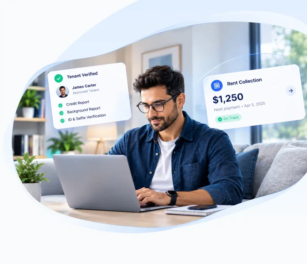 A landlord reviewing a verified tenant report and a rent collection summary on a laptop