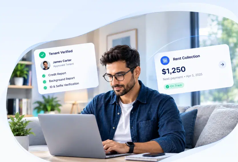A landlord reviewing a verified tenant report and a rent collection summary on a laptop