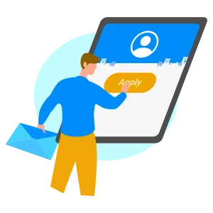 An illustration of a person holding a large envelope standing in front of a over-sized tablet clicking a button that says 'apply'