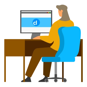 An illustration of a person wearing a yellow sweater and brown slacks sitting at a desk with a computer.