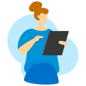 An image of a person standing, working on a tablet.
