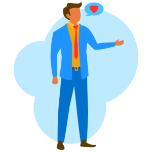 An image of a person wearing a blue suit holding their left hand out in front of them. There is a speech bubble with a heart icon in it next to their mouth.